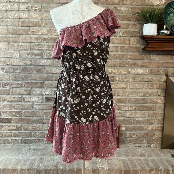 🎉 Bar III Women's Asymmetrical One Shoulder Ruffled Dress Brown Size M - Picture 1 of 6